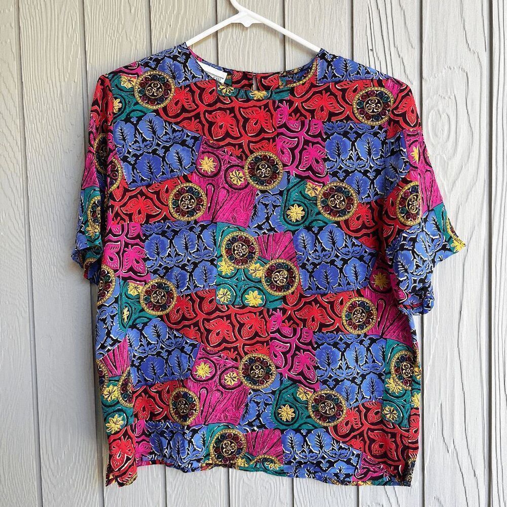 Vintage 80s 100% Silk Bright Colorful Print Sleeve, SZ L - Picture 11 of 12